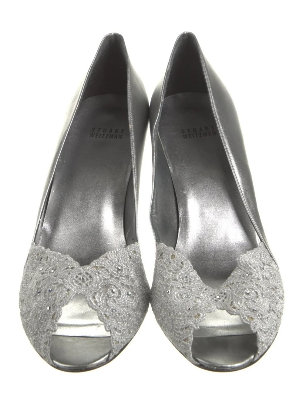 Stuart Weitzman Silver Lace Peep-Toe Heel